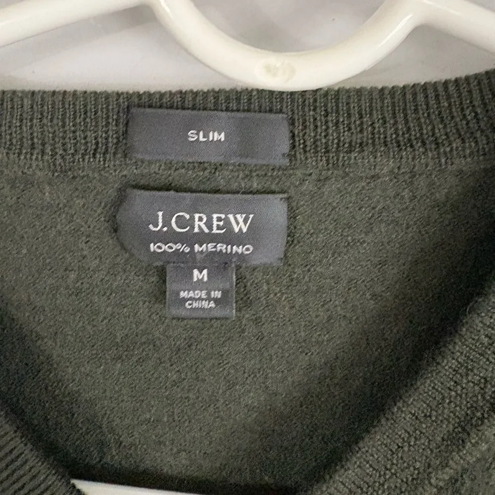 J. Crew Slim 100% Marino Wool Olive Green Shirt Medium V-Neck Pullover Casual